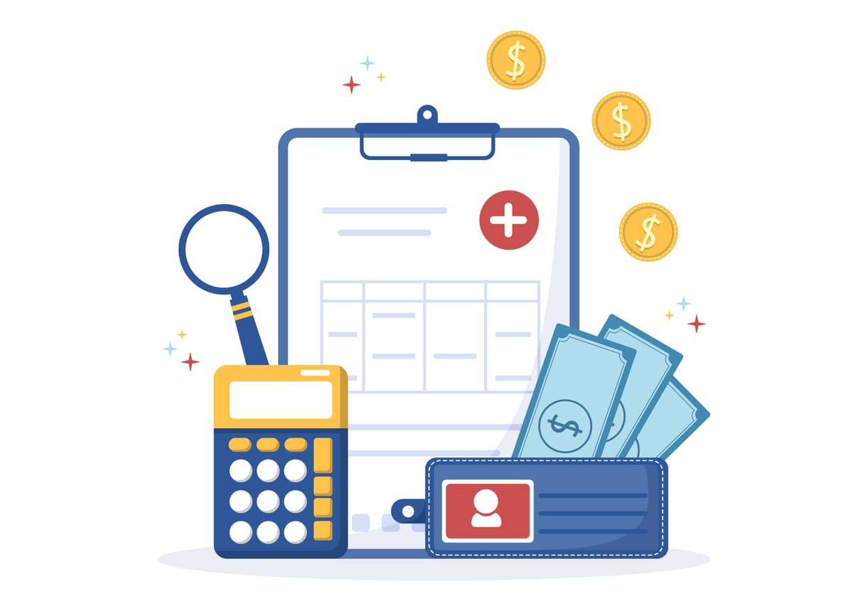 Illustrated referential images of a hospital bill, coins, cash in a wallet, a calculator, and a magnifying glass