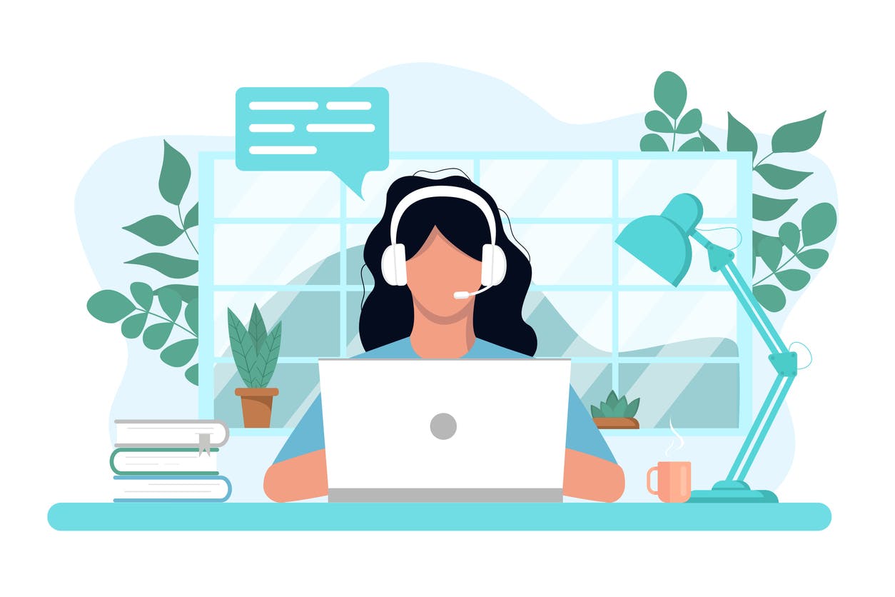 woman working from home with a headset on stock image