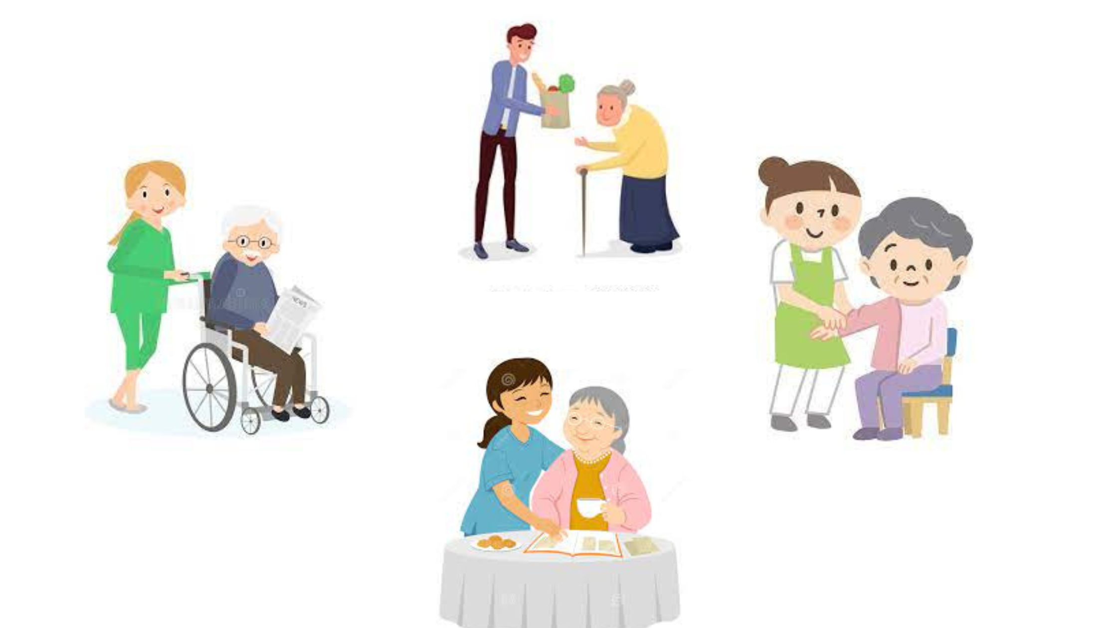 various cartoon scenarios showing long term care stock photo